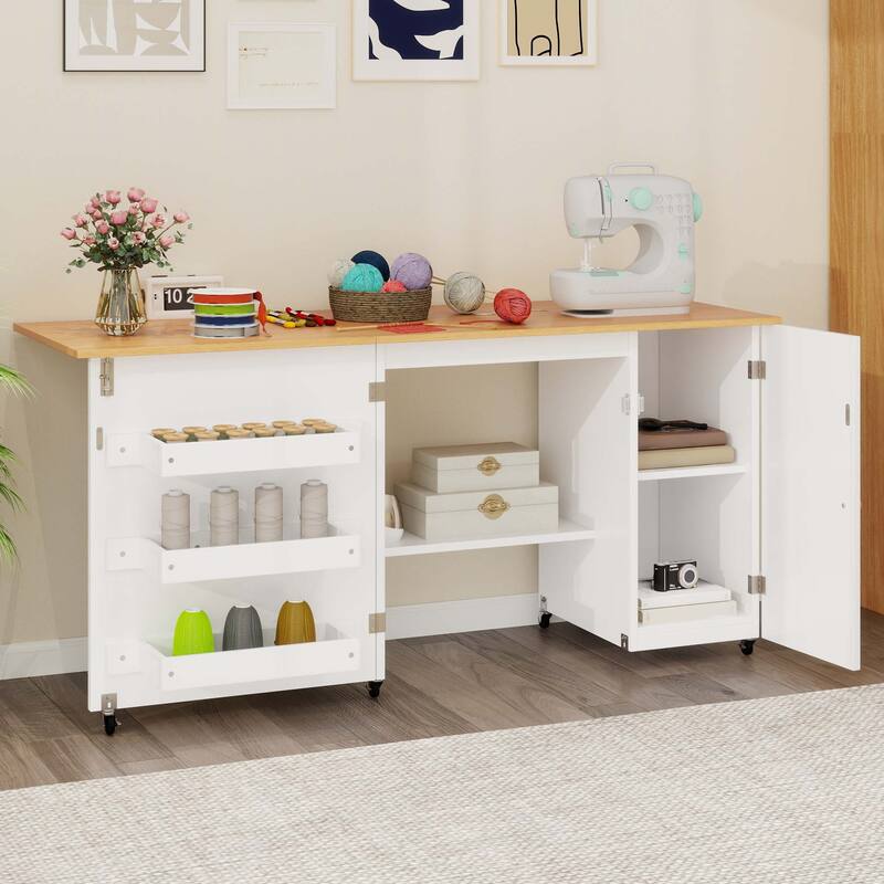 Moasis Folding Sewing Craft Table with Storage Shelves Cabinet With Charge Station - 60.9"W x 19.5"D x 29.5"H—White