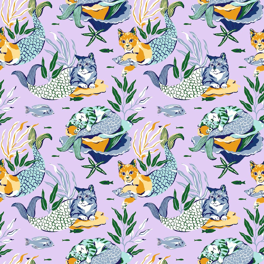 PrintFresh Meowing Mermaids Lavender Peel and Stick Wallpaper