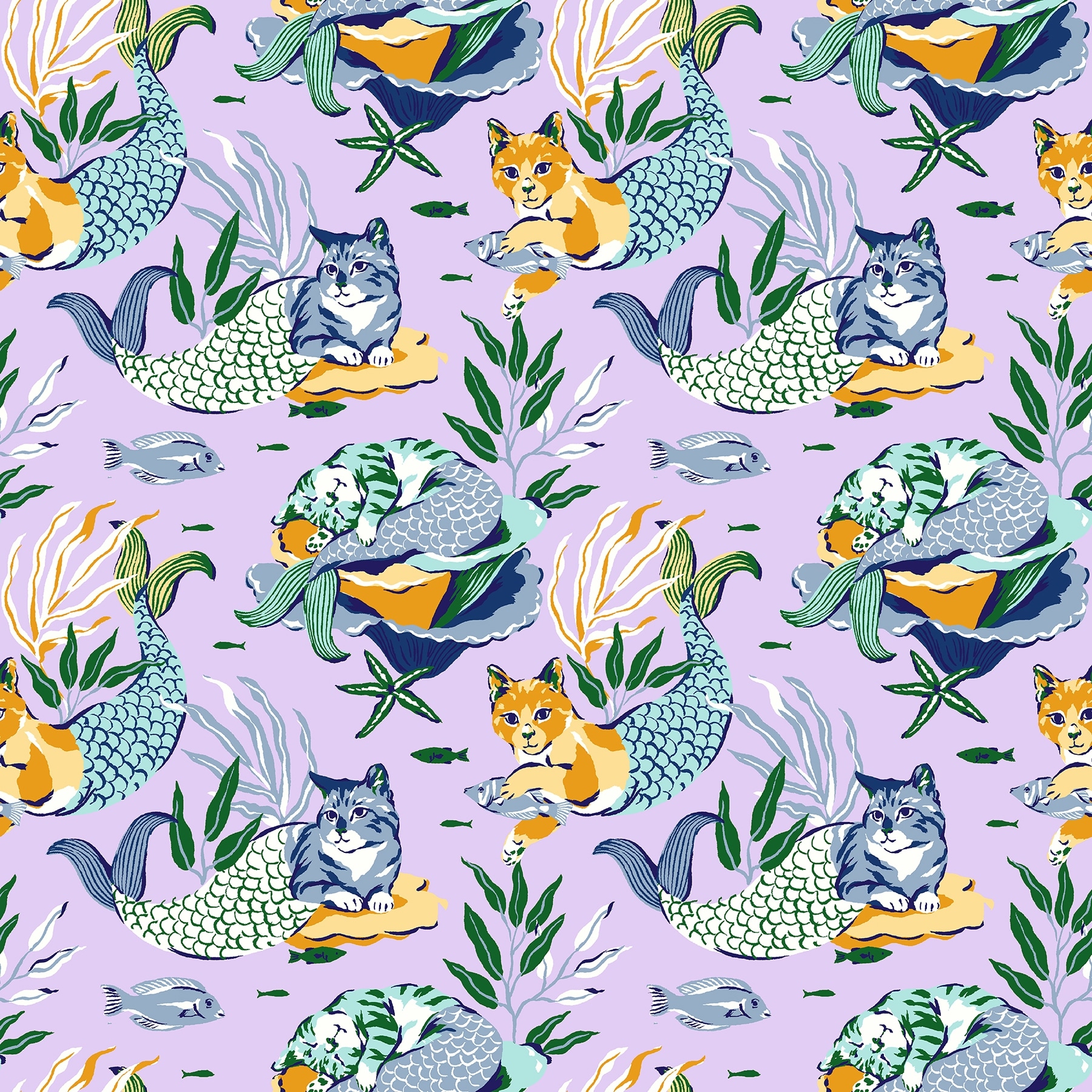 PrintFresh Meowing Mermaids Lavender Peel and Stick Wallpaper