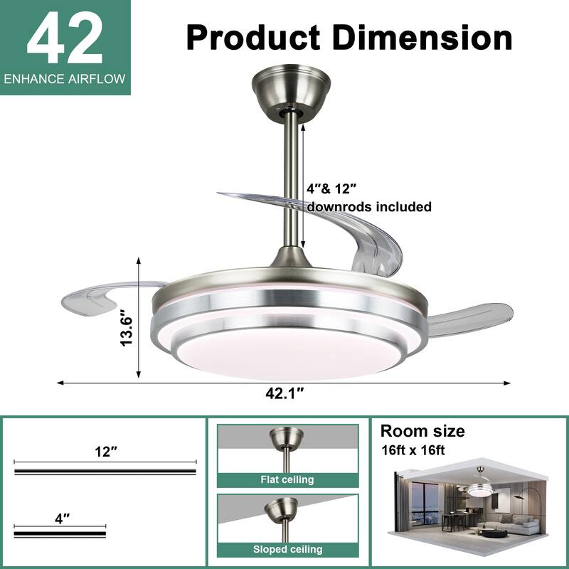 Cusp Barn 42 Inch Retractable Ceiling Fan with Lights, Modern Silent DC Motor 6 Speeds Chandelier Ceiling Fan for Bedroom