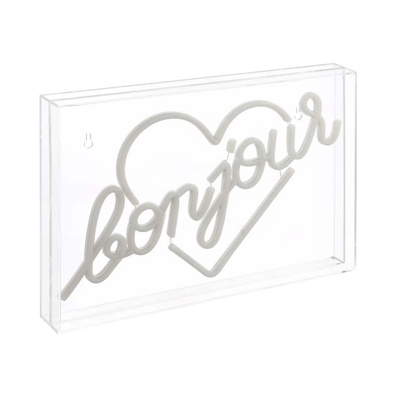 Bonjour Heart 15" X 10.3" Contemporary Glam Acrylic Box USB Operated LED Neon Light, Yellow by JONATHAN Y - 15" X 10.3"