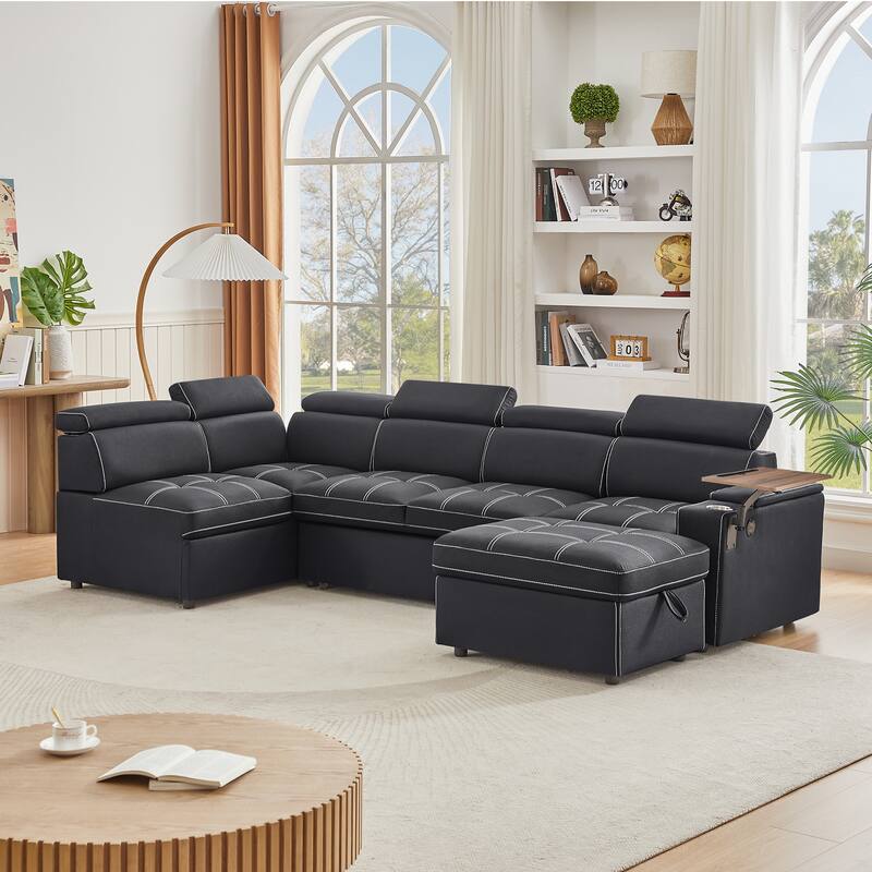 Modern Sectional Sofa Bed with USB Ports and Storage Ottoman and Swivel Table for Living Room and Guest Room