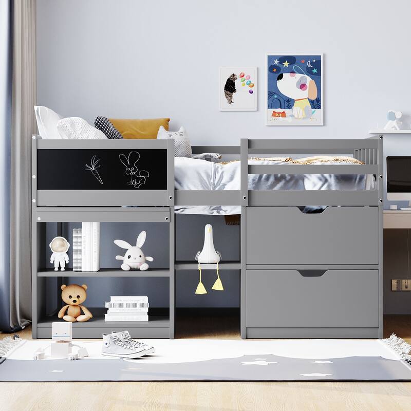 Twin Size Low Loft Bed with Rolling Desk, Shelf, and Drawers in Gray