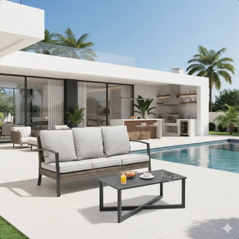 2-Piece Wicker Patio Conversation Set with Gray Cushions Coffee Table