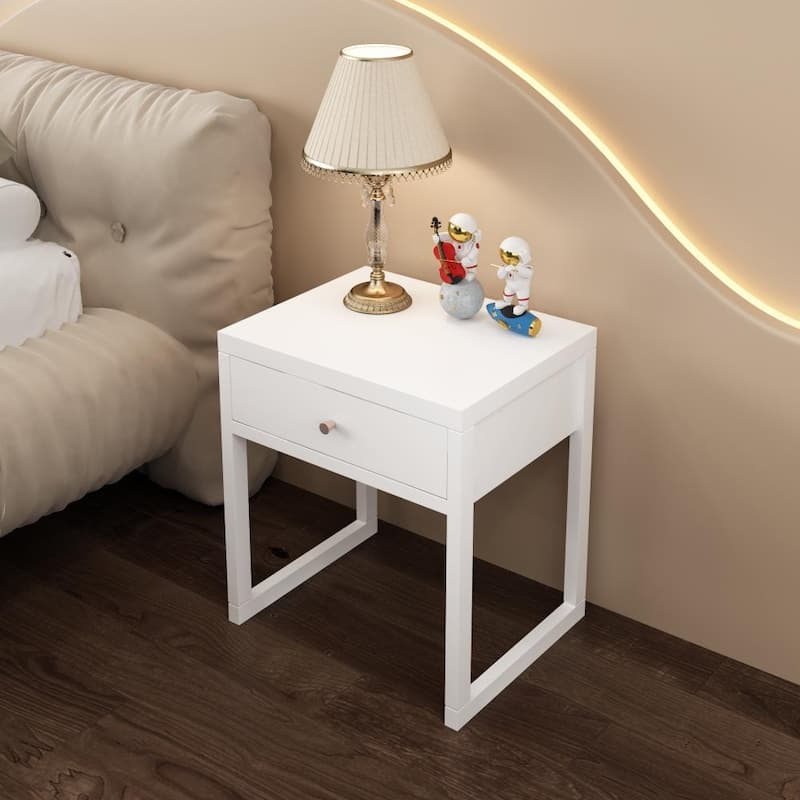 Modern White Nightstand with Drawer and Wood Knob