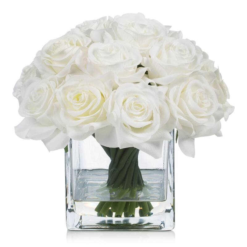 Enova Home Artificial Silk Rose Flowers in Cube Glass Vase with Faux Water for Home Office Decoration - N/A
