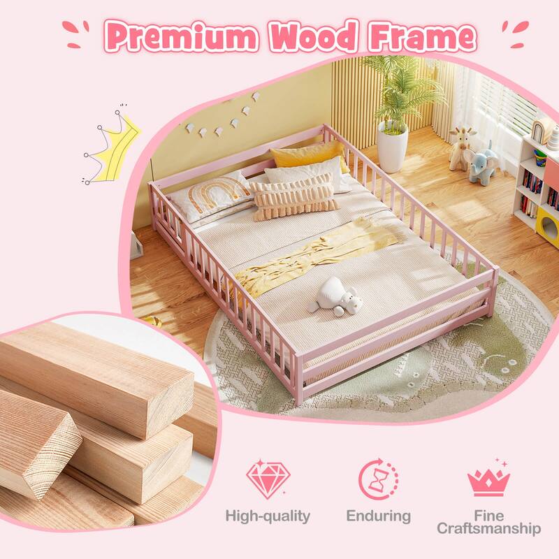 Costway Full Size Floor Bed with Full Length Safety Guardrails & Door