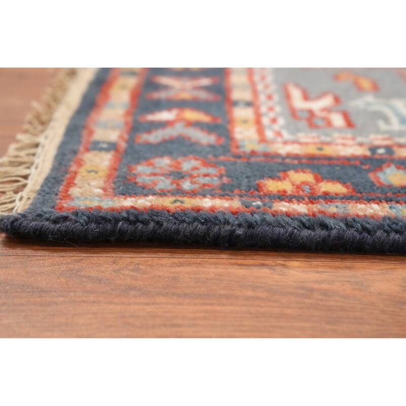 Hand Knotted Oriental 100% Wool Carpet Traditional Geometric Navy Blue & Blues Kazak Area Rug - 5' 1'' X 2' 11''