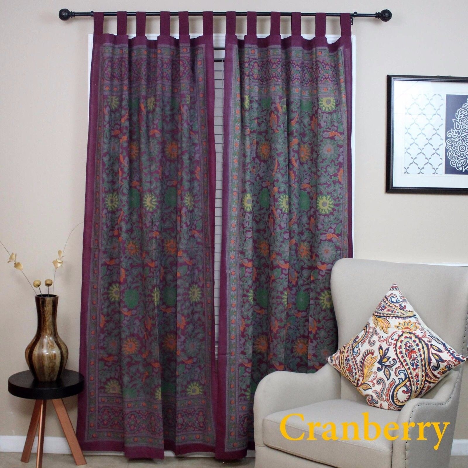 Handmade Cotton Sunflower Tab Top Curtain Drape Panel Yellow Black 44x88 Inches 