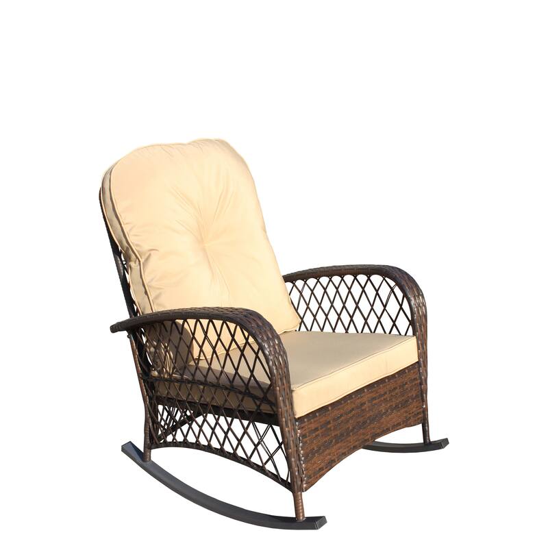 Outdoor Wicker Rocking Chair with Wide Seat, All- Weather Rattan Armchair for Poolside, Garden, Porch, Backyard