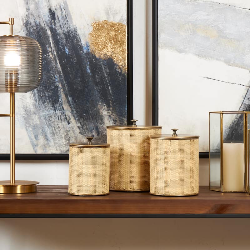 Metal Handmade Woven Decorative Jars with Bronze Metal Lids - Set of 3 Beige - Roche River Decor - 7"W x 7"L x 9"H