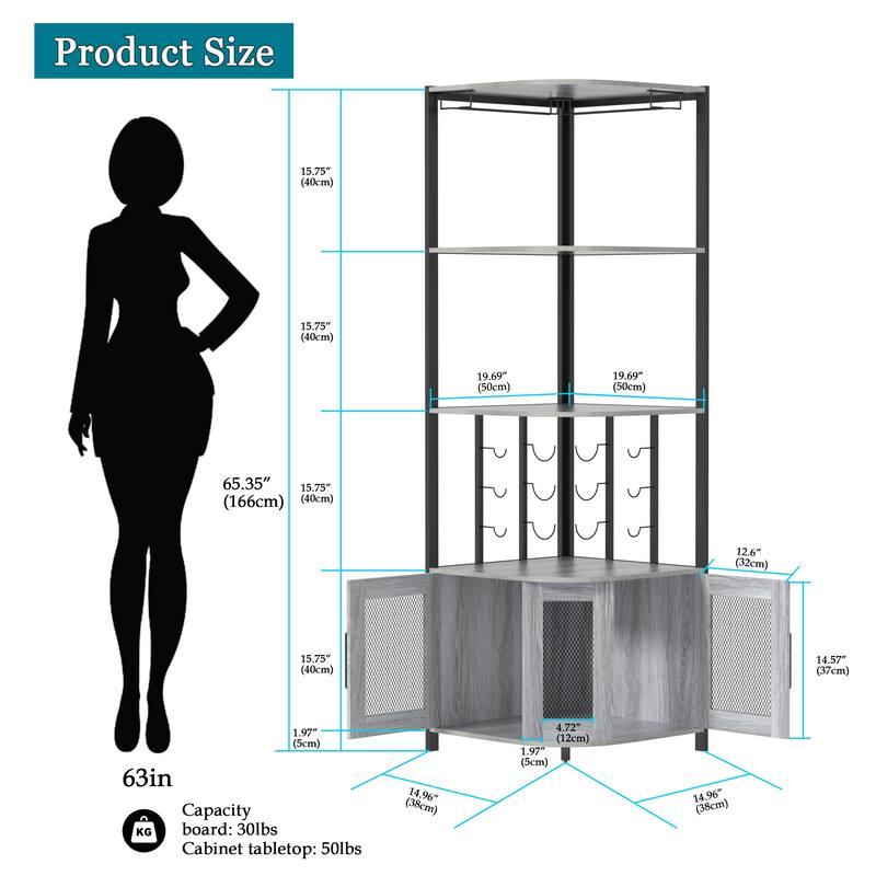 Anmytek 5 Tier Industrial Wooden Corner Wine Rack with Glass Holder & Storage Shelves