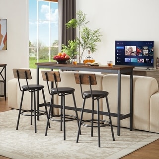 Long Bar Table Set with 3 PU Upholstered Bar Stools, Industrial Bar Table and Chairs for Kitchen Breakfast Table