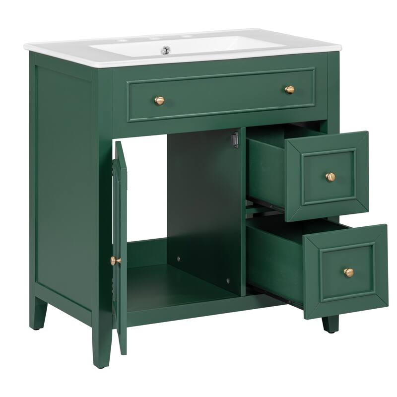 30'' Solid Wood Bathroom Vanity with Cabinet, 2 Drawers, and Ceramic Sink