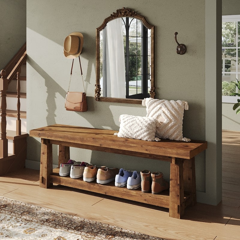 55" Solid Wood Entryway Bench with Shoe Storage, Charred Wood Grain