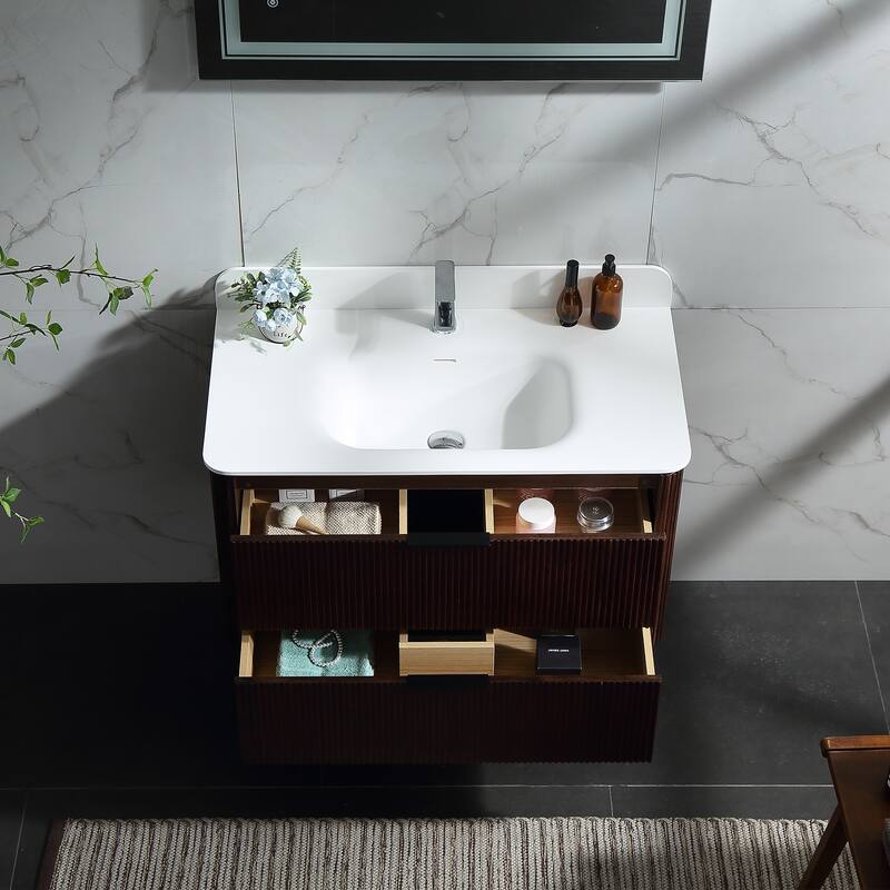 Modland Fluted Floating Vanity with Sink, Plywood Wall Mount Cabinet, Curved Edge, 24/30/36 Inch