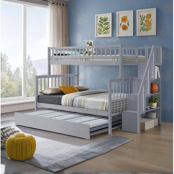 slide 2 of 22, Traditional Modern Style Twin over Full Wooden Bunk Bed with Trundle,Versatile Rubberwood Bed with Storage Staircase Gray