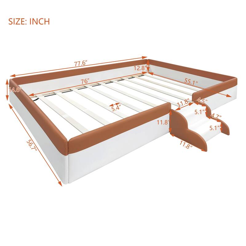 Roomfitters Twin/Full/Queen/King Size Upholstered Daybed Frame with Safety Fence and Stairs, PU Fabric Platform Bed with Slats