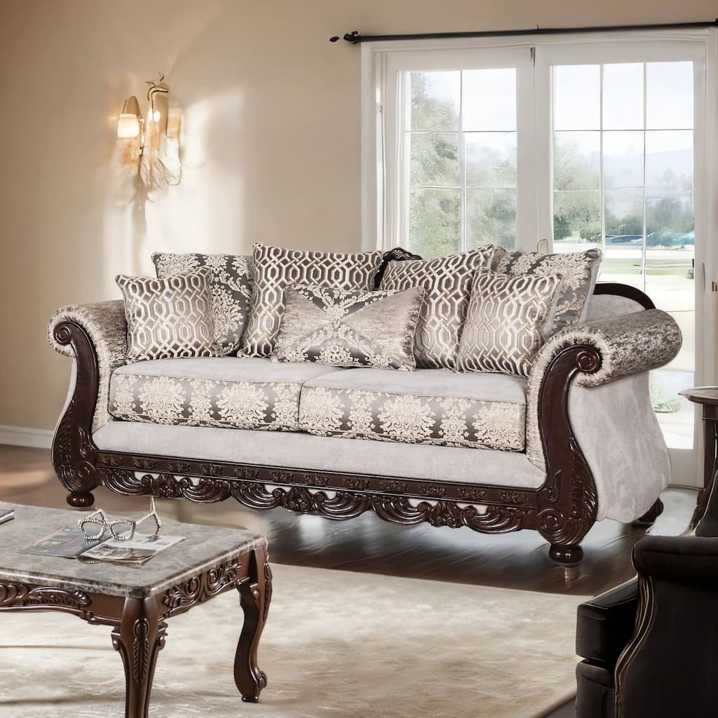 Furniture of America Naree USA Made Traditional 3-Seater Beige and Dark Cherry Sofa