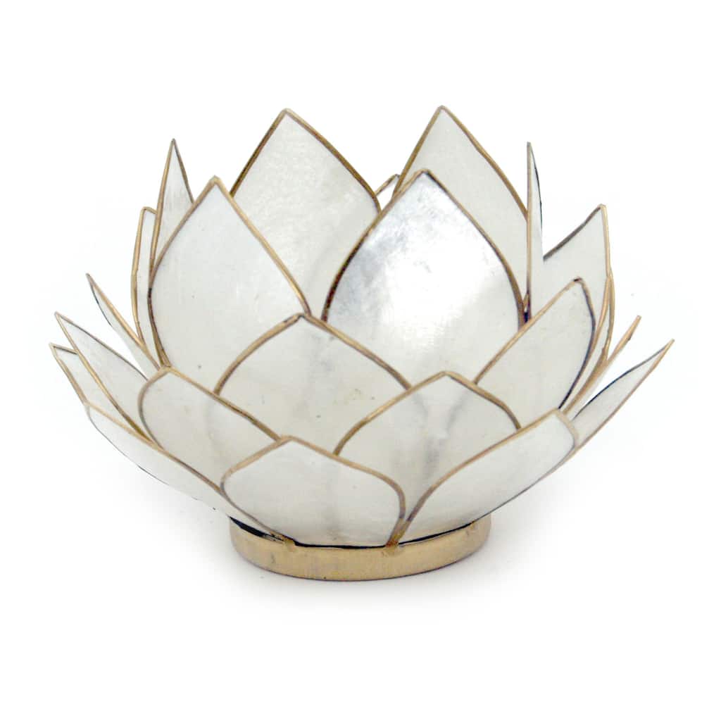 Natural White Capiz Shell Opening Lotus Flower Bulb Tealight Candle - 3.25 X 5 X 5 inches