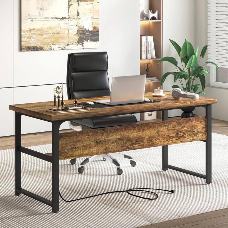 Executive Desk Computer Desk with Extra Thick Tabletop, Simple Office Desk Workstation Study Writing Table with Power Outlets - Rustic Brown
