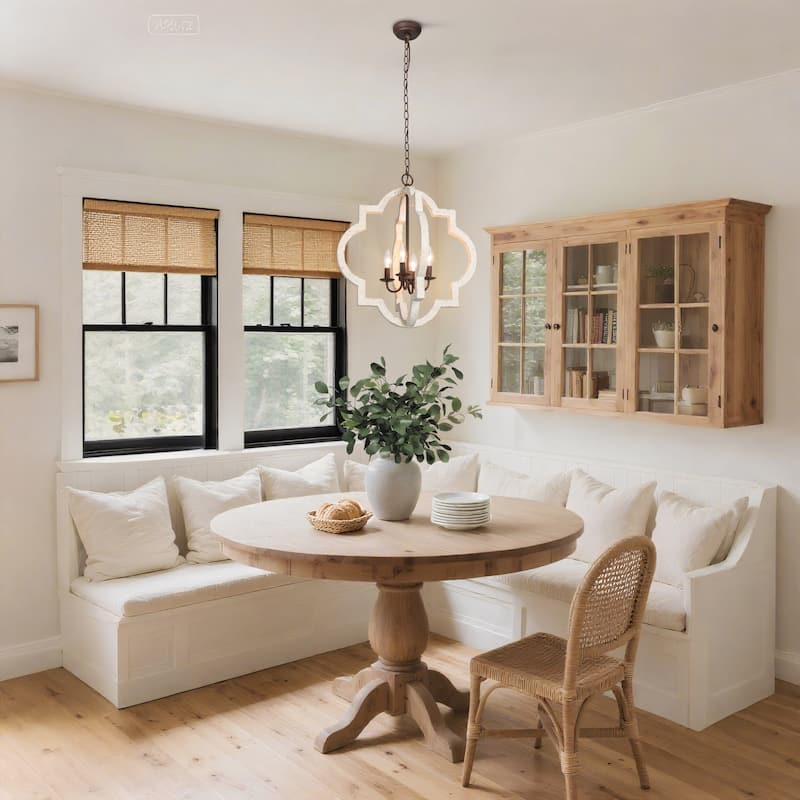 Farmhouse 4-Light Wood Lantern Chandelier Rustic Kitchen Island Light - D21.5" x H24