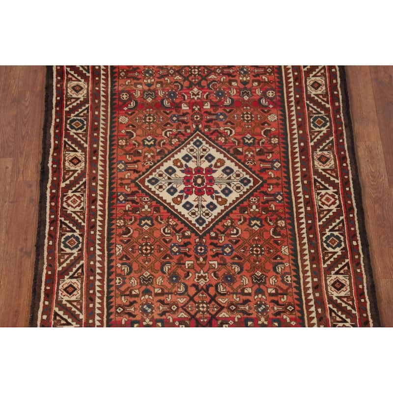 Geometric / Medallion Hamedan Vintage Runner Rug Handmade Wool Carpet - 3'5"x 10'4"