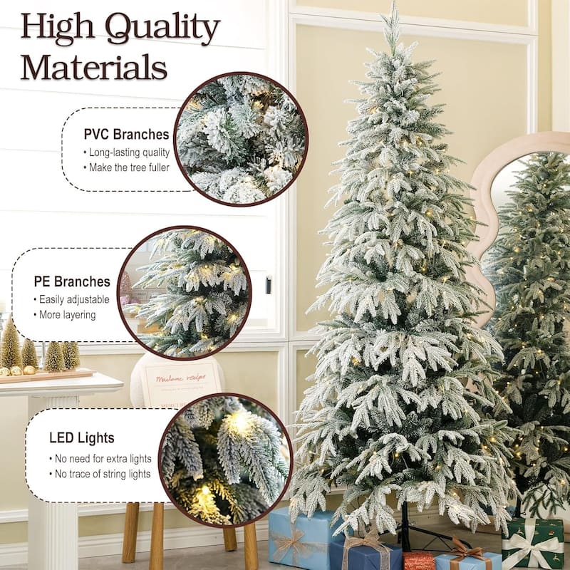 7ft Slim Flocked Christmas Tree Pre-lit w/767 Premium PE&PVC Tips, 250Warm White LED Lights, Skinny Noble Artificial Tree