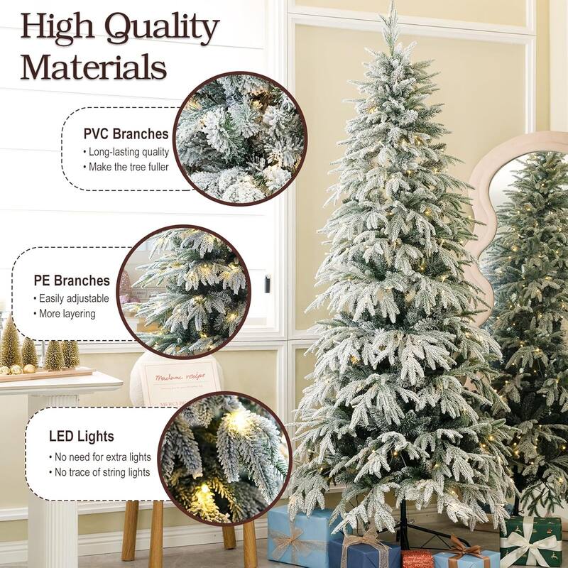 8ft Slim Flocked Christmas Tree Pre-lit w/950 Premium PE&PVC Tips,350Warm White LED Lights,Skinny Noble Artificial Tree