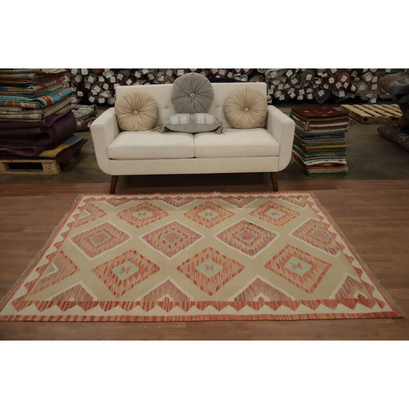 Hand Woven Oriental 100% Wool Carpet Southwestern Tribal Beige & Ivories Kilim Area Rug - 6' 7'' X 4' 11''