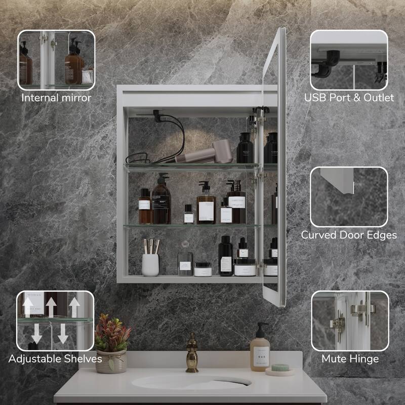 Rounded Edge LED Medicine Cabinet with Mirror, Dimmable, Anti-fog, Adjustable Shelves, Recessed or Wall Mount, ETL Certified