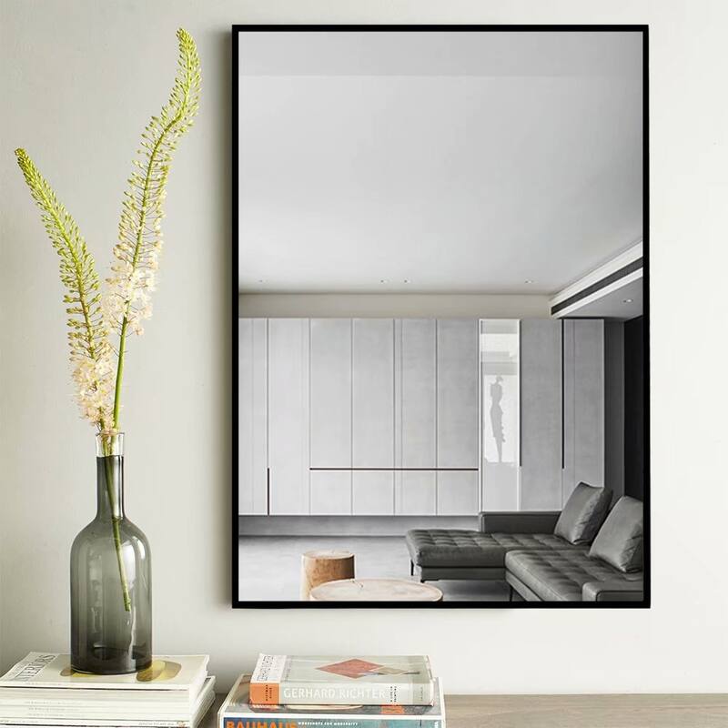 Modern Thin Frame Wall-Mounted Hanging Bathroom Vanity Mirror - 39x30 - Black