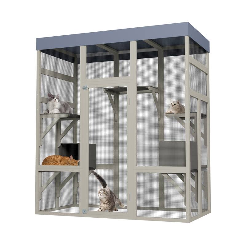Catio Enclosure Outdoor Wooden, Indoor Cat House with Waterproof Roof, Wood Cage Playpen with Rust-Proof Wire & 2 Napping House