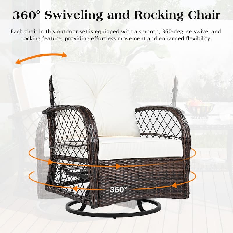 3-Piece Outdoor Chair Table Set Chat with Square Table & 2 Swiveling Chairs Set 2-person Rattan Seating Group for Garden Brown
