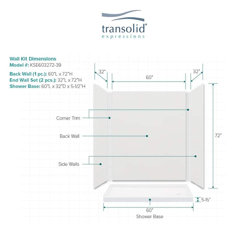 Transolid Expressions 60-in X 32-in X 72-in Glue to Wall Shower Kit - 32" x 60" x 72"