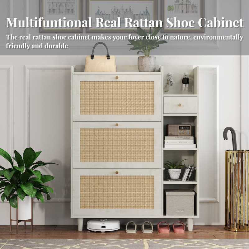 Freestanding Shoe Storage Cabinet, Narrow Hidden Shoe Rack with 3 Rattan Flip Drawers, 3 Square Shelves & 1 Storage Drawer