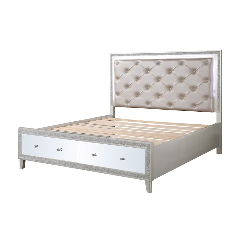 Glendena Beige and Champagne Tufted Bed with 2-Drawer