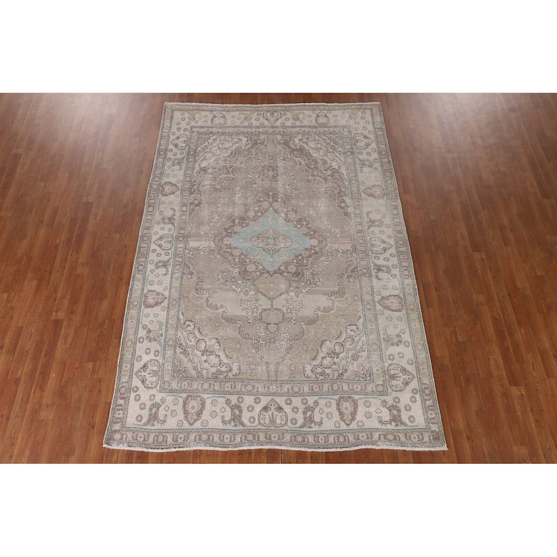 Distressed Tabriz Persian Vintage Rug Handmade Beige Wool Carpet - 6'6"x 9'8"