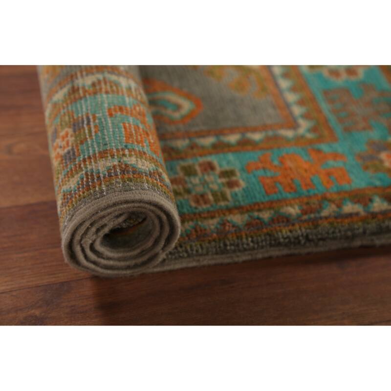 Gray Geometric Kazak Accent Rug Hand-Knotted Geometric Wool Carpet - 2'1"x 2'10"