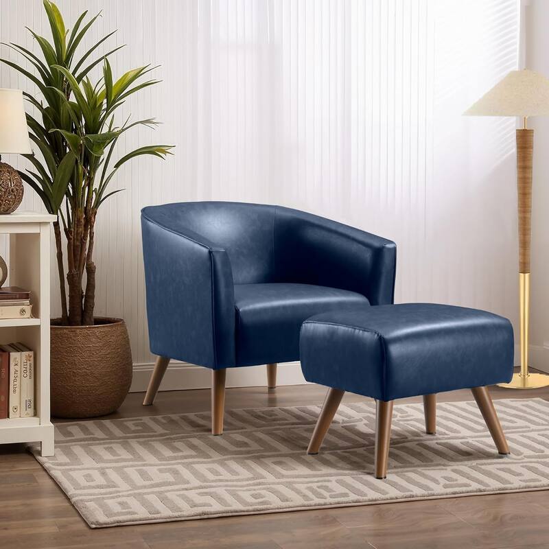 Accent Chair with Ottoman,Modern Barrel Chair and Footrest,Mid Century Living Room Chairs,Upholstered Armchair - Dark Blue