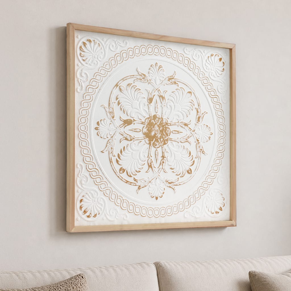Embossed White Gold Medallion Wall Art, 3D Metal Framed Square Boho Coastal Farmhouse Decor for Living Room Bedroom