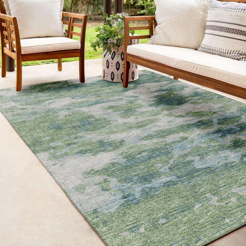 Indoor/ Outdoor Accord Modern Waves Washable Rug New - 9' x 12' - Green Teal Denim
