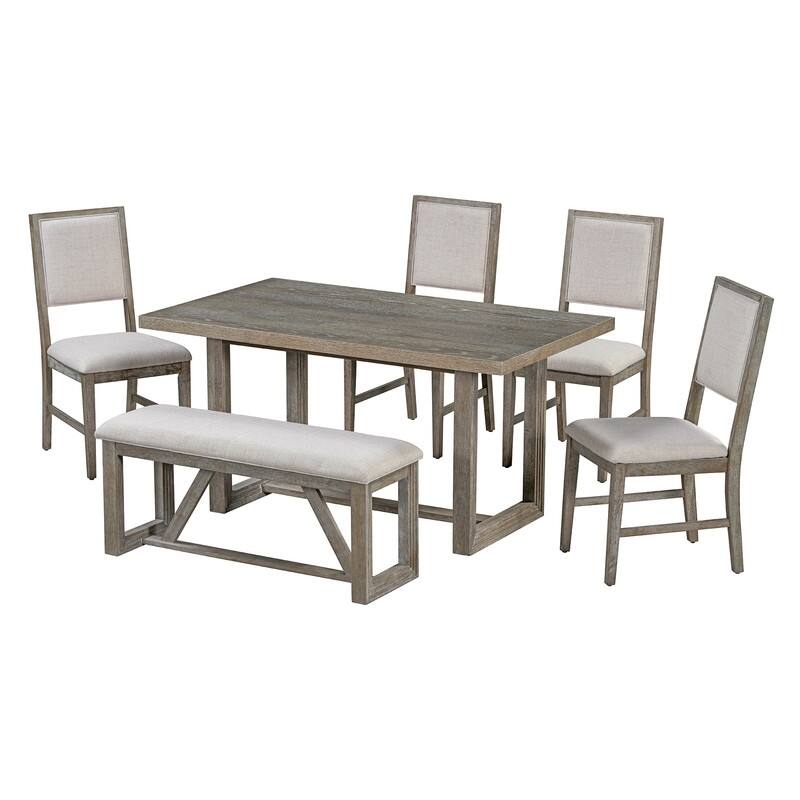 Spruce & Spring Dining Table Set for 6, 6-Piece Mid Century Modern Farmhouse Table with Chairs and Bench