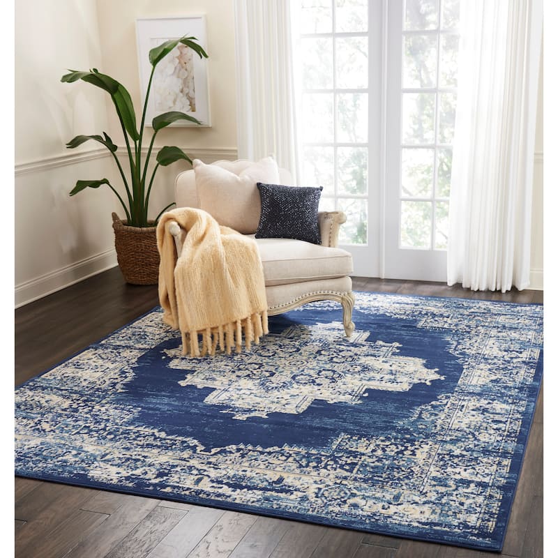 Nourison Grafix Distressed Vintage Medallion Area Rug - 7' 10" x 9' 10" - Navy Blue