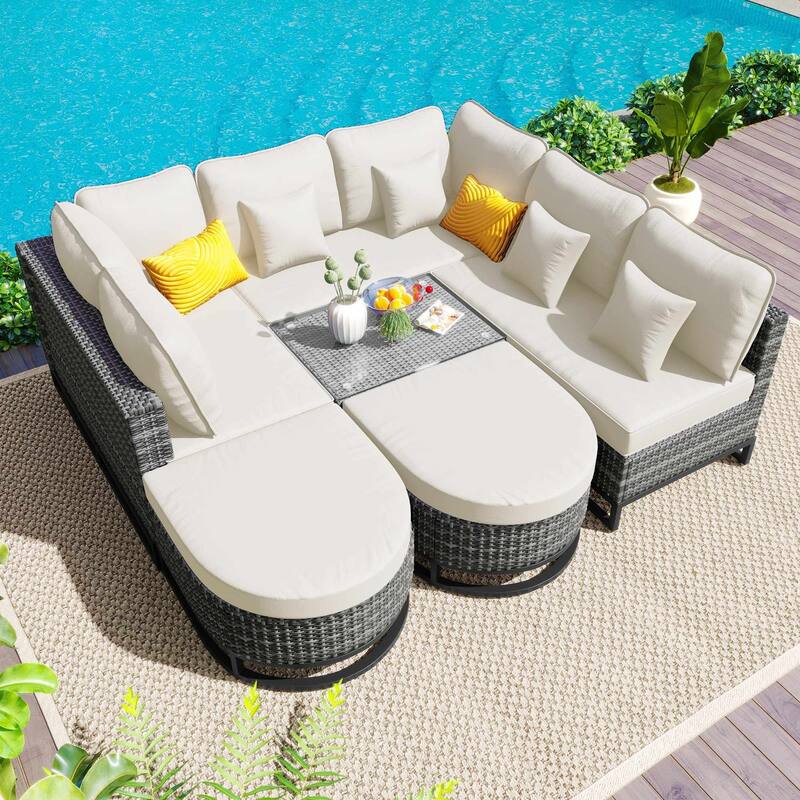 7-Piece Outdoor Wicker Sofa Set with Tempered Glass Coffee Table and Removable Cushions - Beige
