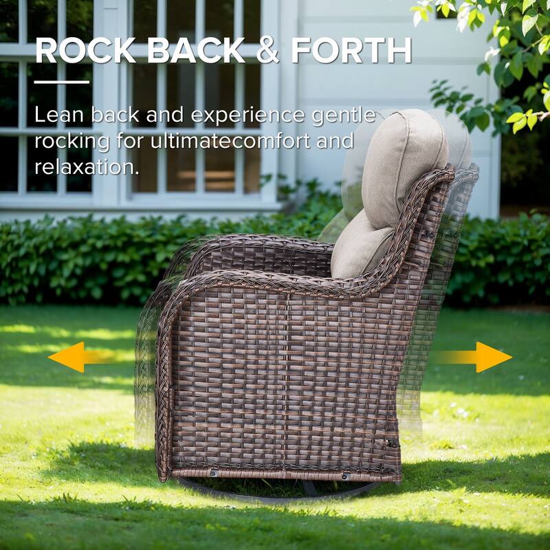 Gymojoy 7-Piece Wicker Patio Furniture Sofa Set with Fire Pit Table, 6-Inch Thick Cushion Swivel Glider Chairs & Ottomans