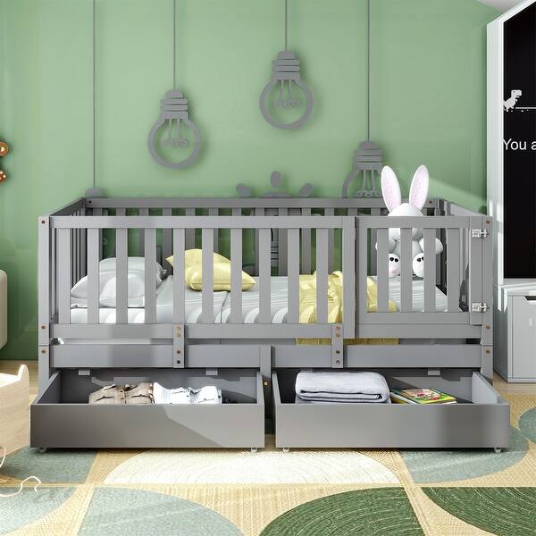 slide 2 of 21, Twin Size Daybed with Fence Guardrails and 2 Drawers