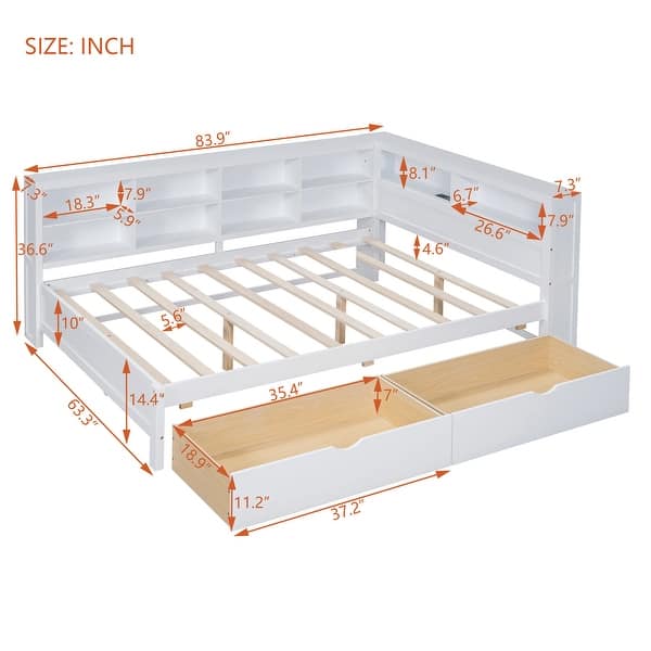 Wooden Full Size DayBed with 2 Drawers Kids Bed with Storage Shelf and USB Charging Ports, White