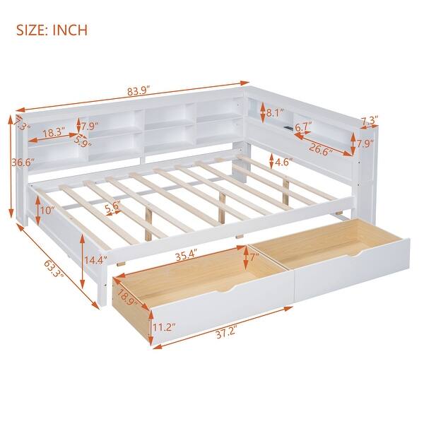 dimension image slide 0 of 2, Wooden Full Size DayBed with 2 Drawers and USB Charging Ports, Grey