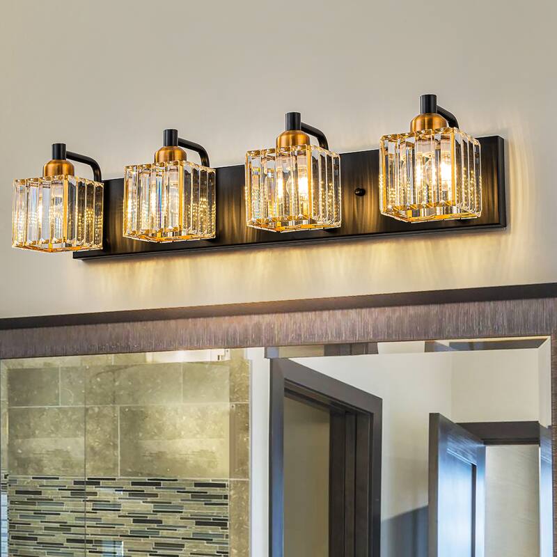 Dimmable Square Bathroom Crystal Vanity Light Wall Sconces - 4-Light - Black&Gold